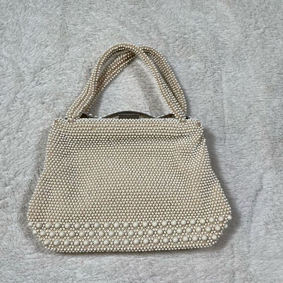 Vintage 1950s Corde Bead Mini Lumured Cream Purse Hand Bag - Picture 1 of 8